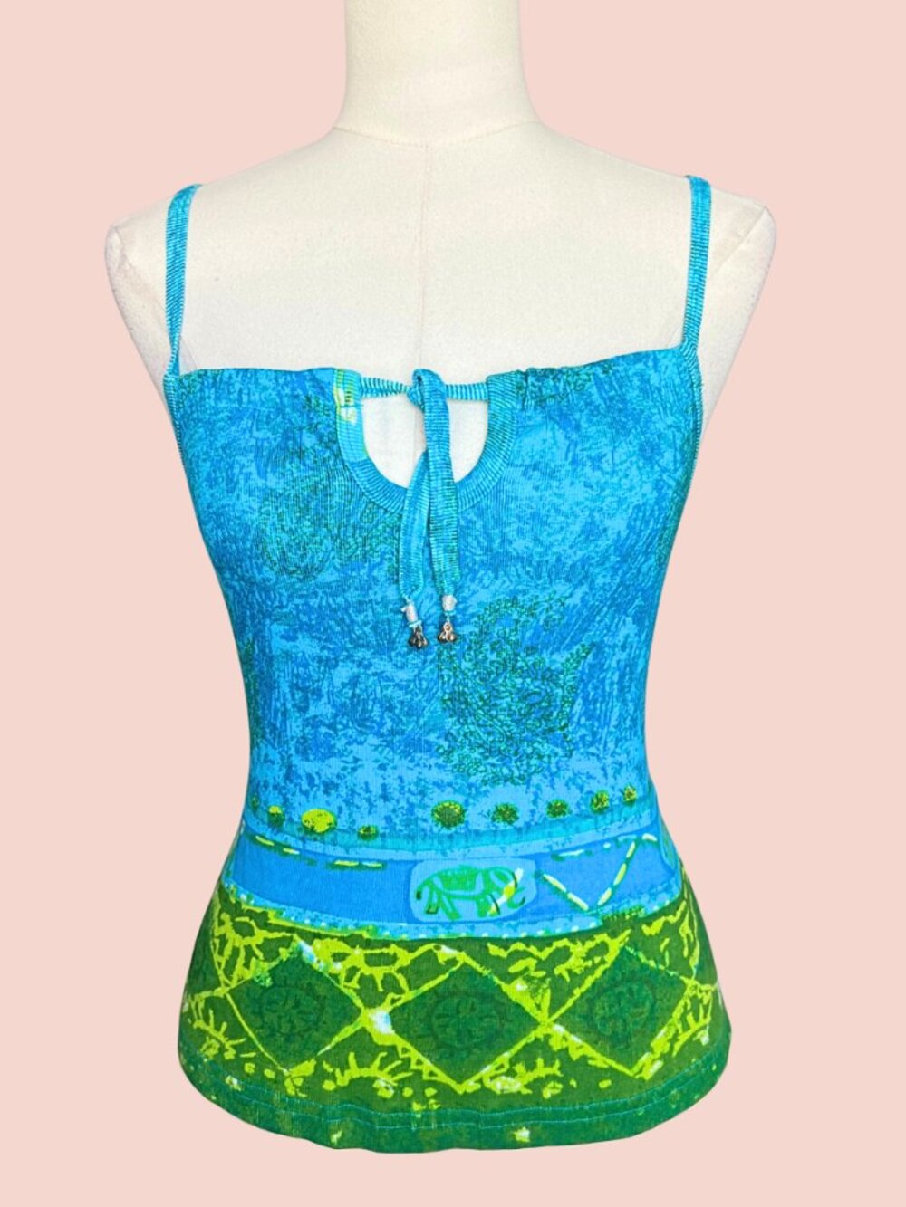 Y2K Blue Plate Lime Mosaic Tie Front Tank